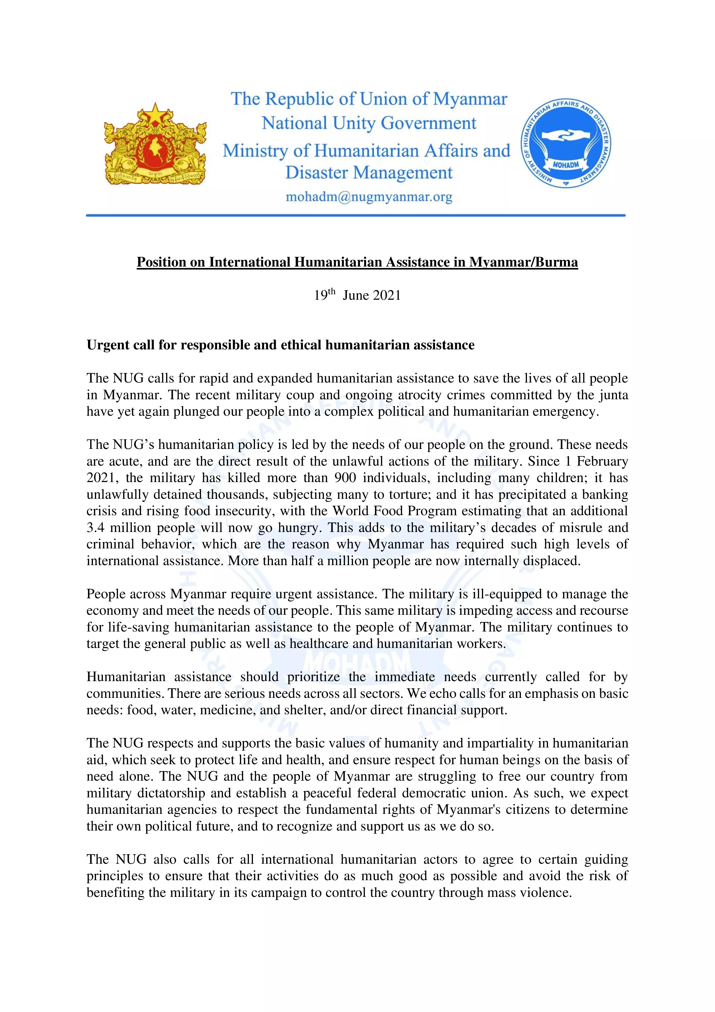 Position on International Humanitarian Assistance in Myanmar/Burma